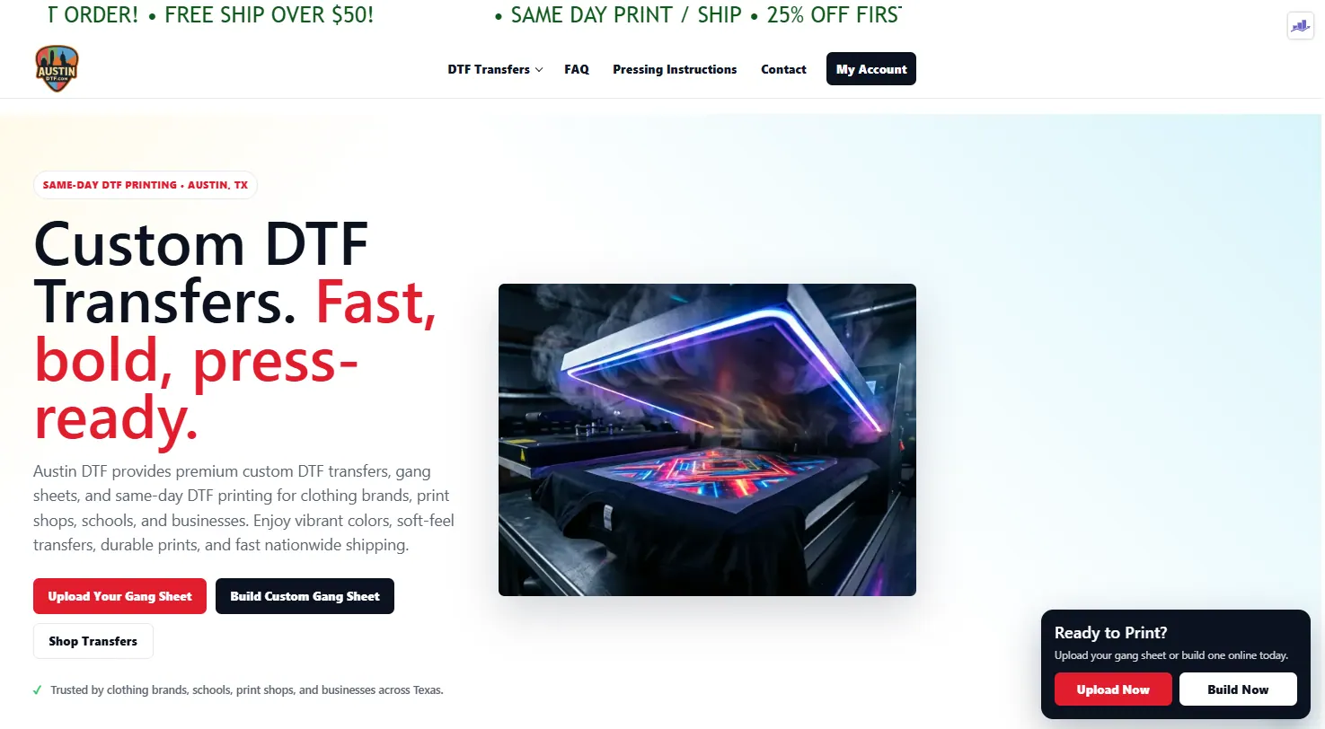 Austin DTF printing website designed by Capital Signs by Chris